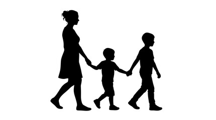 Obraz premium Mother holding hands with two young sons walking together in black silhouette on white background