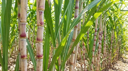 Obraz premium Sugarcane plants growing in a sunny field, highlighting lush green leaves and stalks