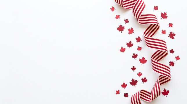Red maple leaf confetti and striped ribbon on white.