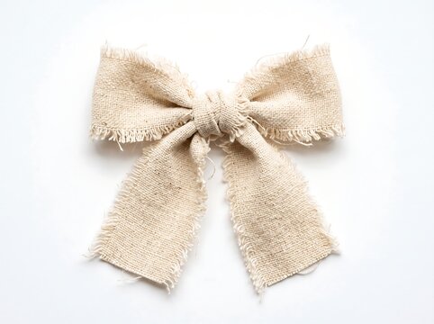 Beige Frayed Fabric Bow on White Background.