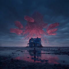Obraz premium A lone figure stands before a dark house under a glowing, massive, jellyfish-like creature floating ominously in a stormy, reflective landscape.