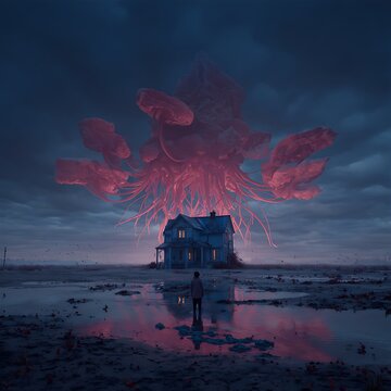 A lone figure stands before a dark house under a glowing, massive, jellyfish-like creature floating ominously in a stormy, reflective landscape.