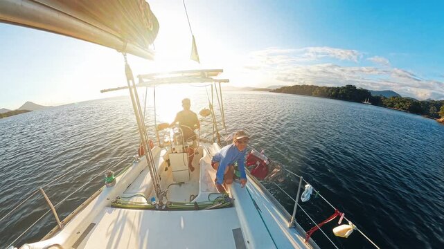 Family sailing on the small sailing boat in Brazil