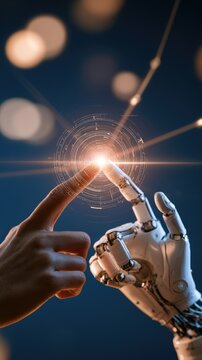 Bright point of light forms between a human hand and a robotic hand in a dark blue background