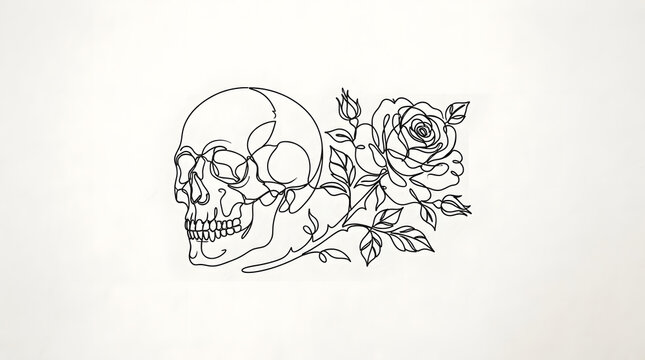 Human skull and blooming rose floral continuous one line art drawing minimalist black outline vector illustration isolated on white background