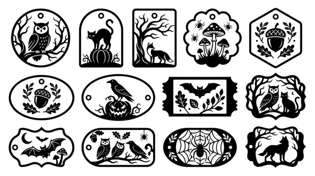 Set of decorative black and white nature themed gift tags featuring woodland animals and forest elements as an isolated object on isolated on transparent background