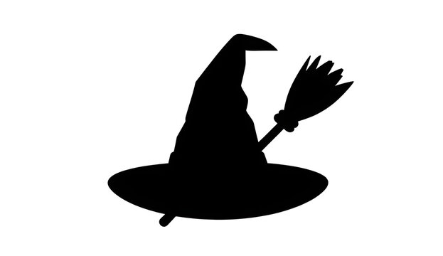 Black witch hat and magic broomstick silhouette minimalist vector illustration icon for Halloween isolated on white background
