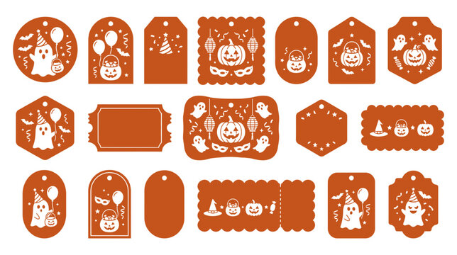 Set of various decorative halloween gift tags featuring ghosts pumpkins and festive patterns in orange and white colors isolated on transparent background