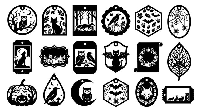 Set of various decorative halloween themed tags featuring spooky silhouettes and festive icons for holiday crafting projects isolated on transparent background isolated on transparent background