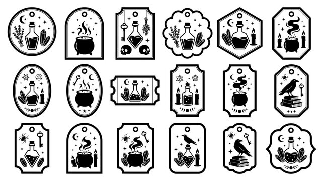 A collection of various mystical witchy gift tags featuring magical symbols and occult illustrations presented as an isolated object on a isolated on transparent background