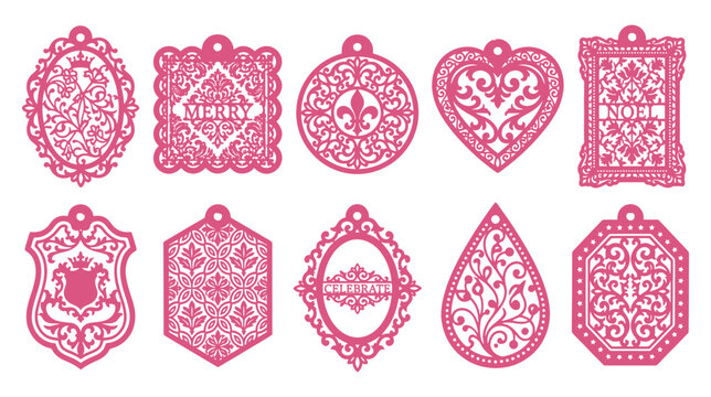 A collection of ten intricate pink decorative laser cut hanging tags featuring various geometric and floral patterns presented as an isolated on transparent background