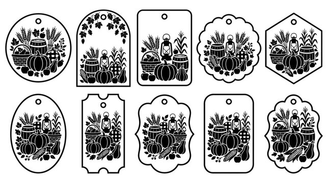 A collection of ten decorative vintage style gift tags featuring intricate floral and botanical line art illustrations isolated on transparent background isolated on transparent background