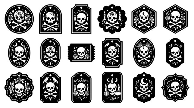 Collection of various black and white skull and crossbones emblem designs featuring decorative frames and vintage style elements isolated on transparent background