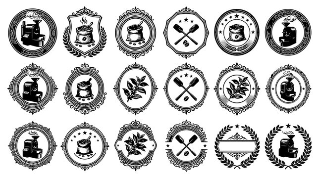 A collection of eighteen vintage style decorative circular badges and ornate frames featuring various engraved illustrations of nautical and floral elements isolated on transparent background