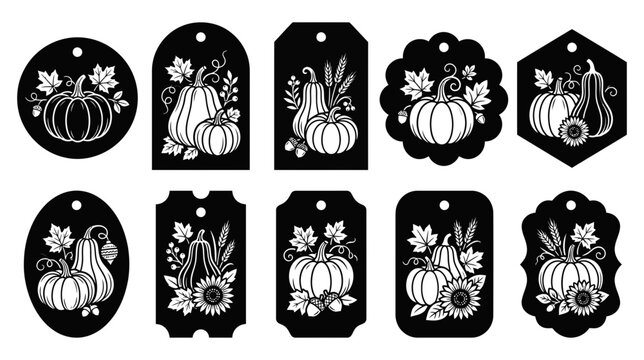 A collection of ten decorative black gift tags featuring white floral and pumpkin illustrations for autumn holidays and seasonal events isolated on transparent background