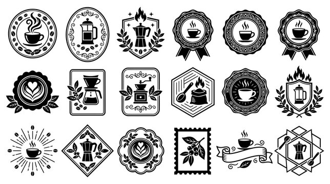 Collection of vintage coffee shop logos and emblems featuring various brewing equipment and coffee beans isolated on transparent background for your creative design projects