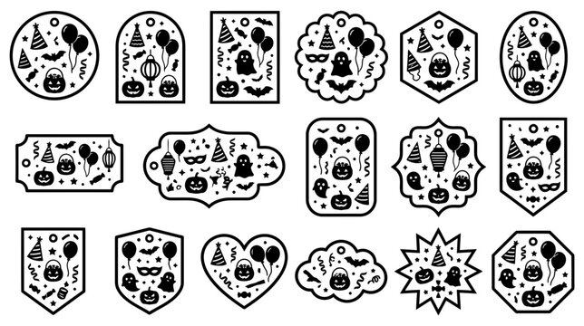 Set of decorative halloween labels with various spooky holiday icons and shapes featuring a collection of festive designs isolated on transparent background
