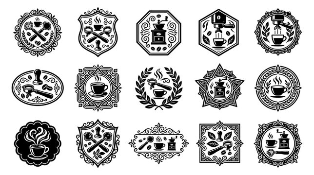 A collection of fifteen vintage heraldic crests and ornate royal emblems featuring intricate decorative frames and classic shield designs isolated on transparent background