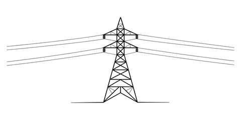 Black and white line drawing of a tall electric power transmission tower © GOBINDO
