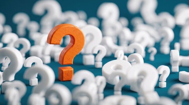 Large orange question mark surrounded by white question marks, representing uncertainty, inquiry, problem solving, decision making, and frequently asked questions concept