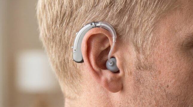 Close-up of an older man wearing a behind-the-ear hearing aid. Assistive technology for hearing loss, auditory healthcare, senior wellness, and improved communication.