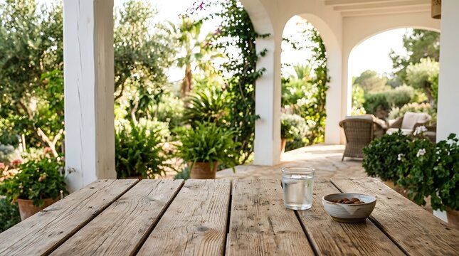 Outdoor patio table with refreshing glass of water and snacks