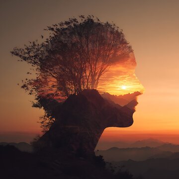 A sunset landscape seamlessly blended within the silhouette of a human profile, with tree branches filling the head area, creating a surreal and contemplative visual.