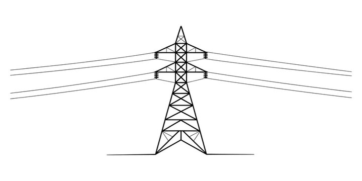 Black and white line drawing of a tall electric power transmission tower