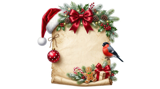 Old paper scroll with christmas decoration and cute red bird isolated on transparent background