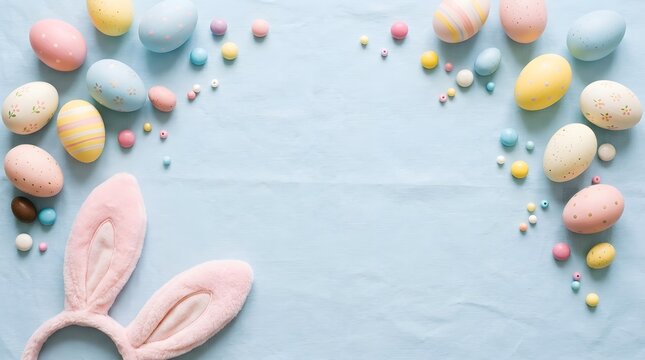 Easter bunny ears and colorful eggs on blue background