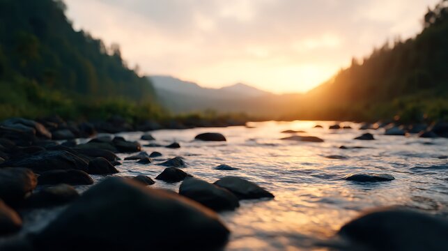 A serene river flows over smooth rocks with forested hills on either side, illuminated by the golden light of a setting sun in the distance.