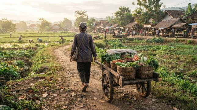 A hardworking woman pulling a wooden cart filled with fresh vegetables through a rural farm field during the beautiful international day of rural women celebration