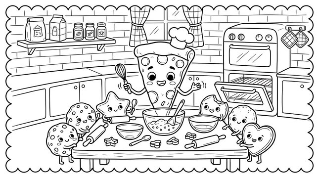 Cute food characters like cookies and a pizza slice baking together in a kitchen with an oven and rolling pins for kids coloring page fun