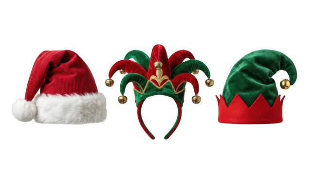 Santa hat jester headband and christmas elf hat for party costume isolated on transparent background