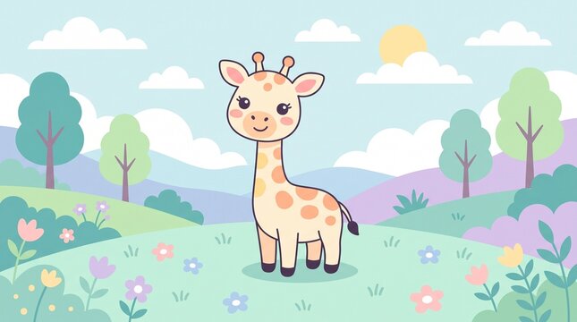A cute baby giraffe standing in a colorful meadow with rolling hills, stylized trees, and flowers under a bright blue sky with fluffy clouds