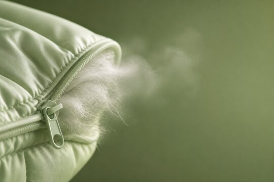 Green puffer jacket zipper with down feathers leaking close up