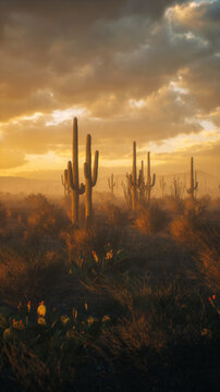 Cacti and other succulent plants in arid desert landscape under a sunset sky with clouds. 3D render.