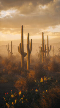 Cacti and other succulent plants in arid desert landscape under a sunset sky with clouds. 3D render.