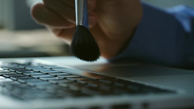 Meticulous technician hand carefully cleaning dusty laptop keyboard with soft brush focusing on hygiene electronic maintenance precision work in modern office environment. Man cleaning laptop keyboard