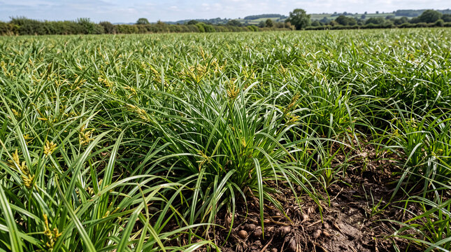 Tigernut (Cyperus esculentus) grow in a field under the clear sky in a rural area during the day Generative AI