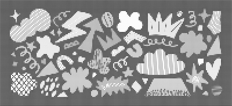 Set of various doodle shapes and design elements with halftone pattern effect