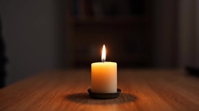 Lighting a candle: hand strikes match to illuminate candle in low light room