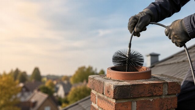 Chimney sweep inserting a round cleaning brush into a brick flue on a residential roof, professional chimney cleaning and seasonal heating system maintenance.