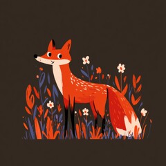 Naklejka premium A cartoon fox with big eyes stands in a field of colorful plants and flowers. The setting shows a playful animal in bright hues.