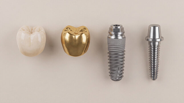 Luxury orthodontic set on a plain, isolated background. Biomedical titanium dental implant, gold tooth and ivory-colored tooth 