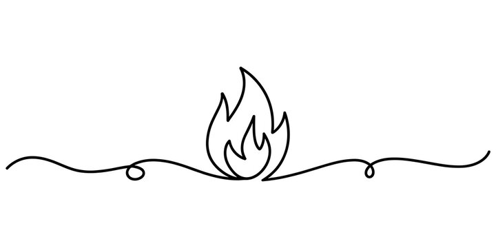 Continuous single line drawing of fire flame symbol with decorative swirl border line