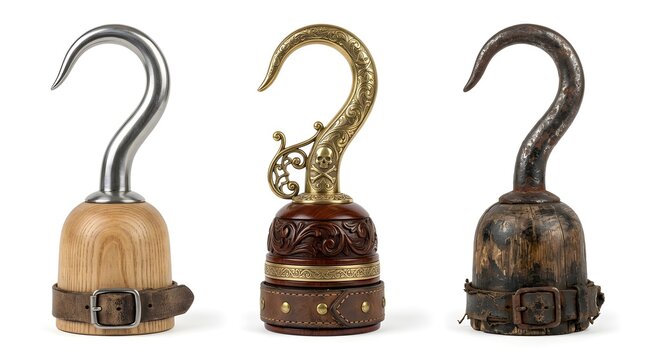 Three distinctive pirate hooks showcasing various designs, materials, and aged textures, often used as theatrical props or historical costume accessories for creative projects