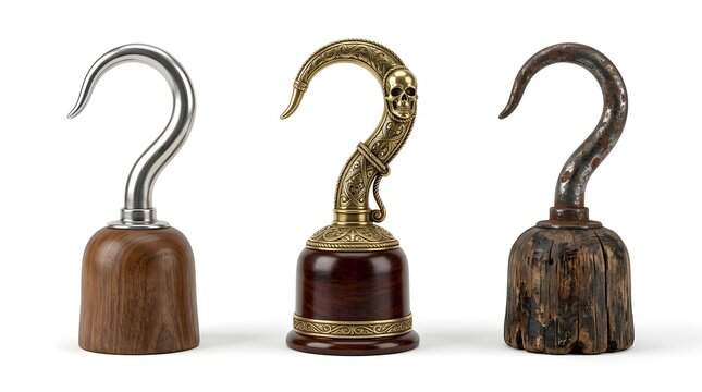 Three distinct pirate hooks classic metal and wood, ornate golden skull, and rustic antique designs, presented side-by-side on a clean white background