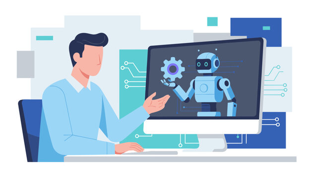 Software developer presenting a robotic automation program with a cute mechanical robot assistant on computer.