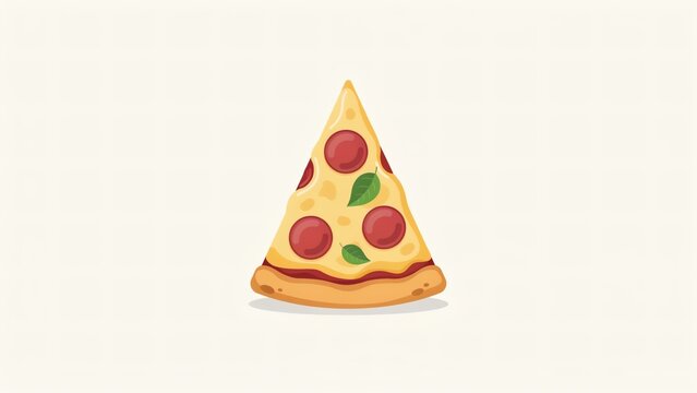 Minimalist pepperoni pizza slice illustration featuring fresh basil leaves against a neutral cream background with displays stylized vector graphic single pepperoni